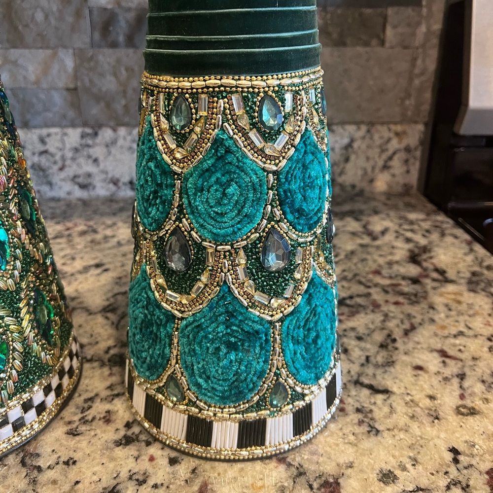 Mackenzie-Childs Emerald Luxe LARGE AND MEDIUM Beaded Cone Trees. New in Box. - Picture 7 of 16
